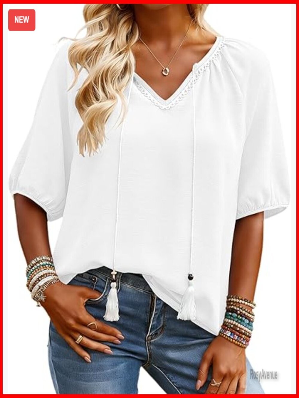 Flowy Boho Tassel Tie Front V Neck Blouse Peasant Top